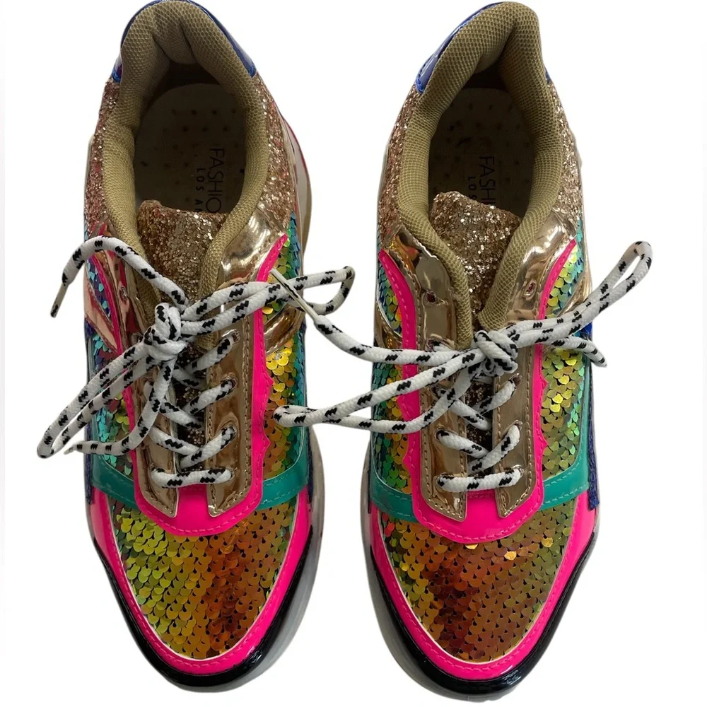 Pink,Gold Multi colored,Chunky Sneakers,shoes,sequins throughout, Size 7, New - Picture 3 of 10